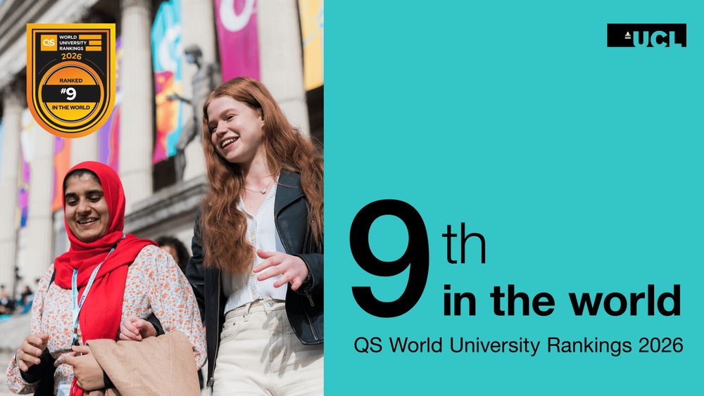 Two students smiling outdoors in front of a university building with colorful banners. Text reads 9th in the world, QS World University Rankings 2026