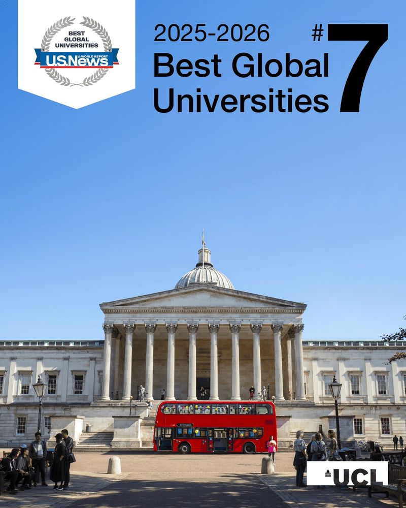 UCL campus with a red double-decker bus in front, ranked #7 in 2025-2026 Best Global Universities by US News.