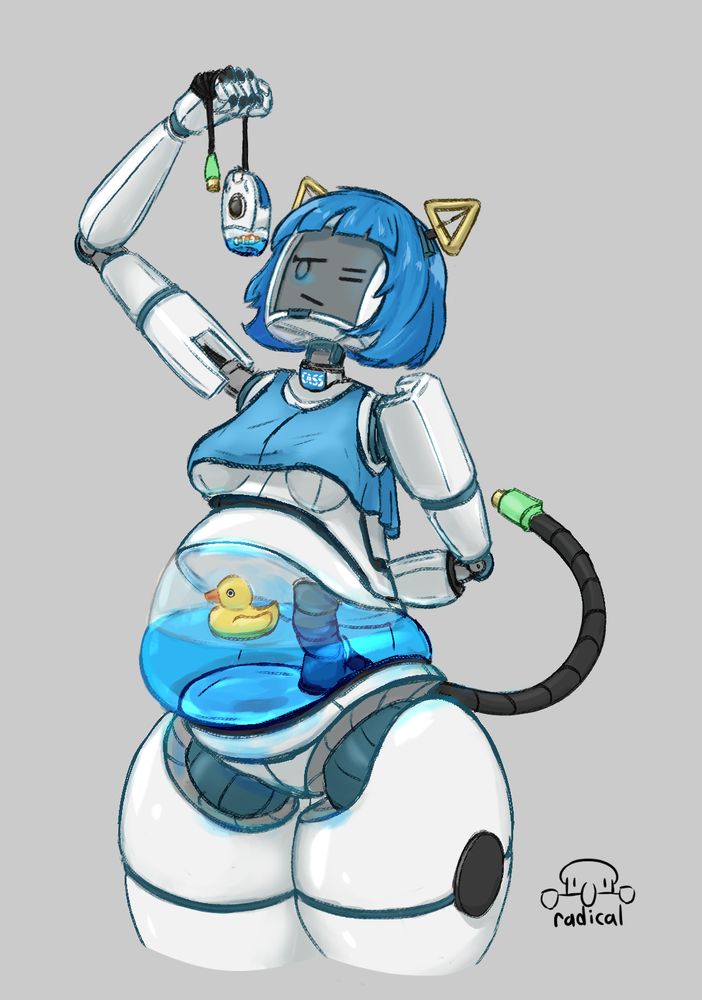 A robot catgirl CASS is holding up and inspecting an early 2000s novelty computer mouse filled with blue liquid and a plastic clownfish. Her colouration matches the mouse, and her abdomen is transparent, filled with the same liquid and a floating rubber duck.