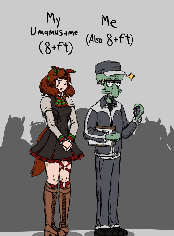 Nice Nature and Self-insert Trainer Squidward towering over a crowd both at 8+ft