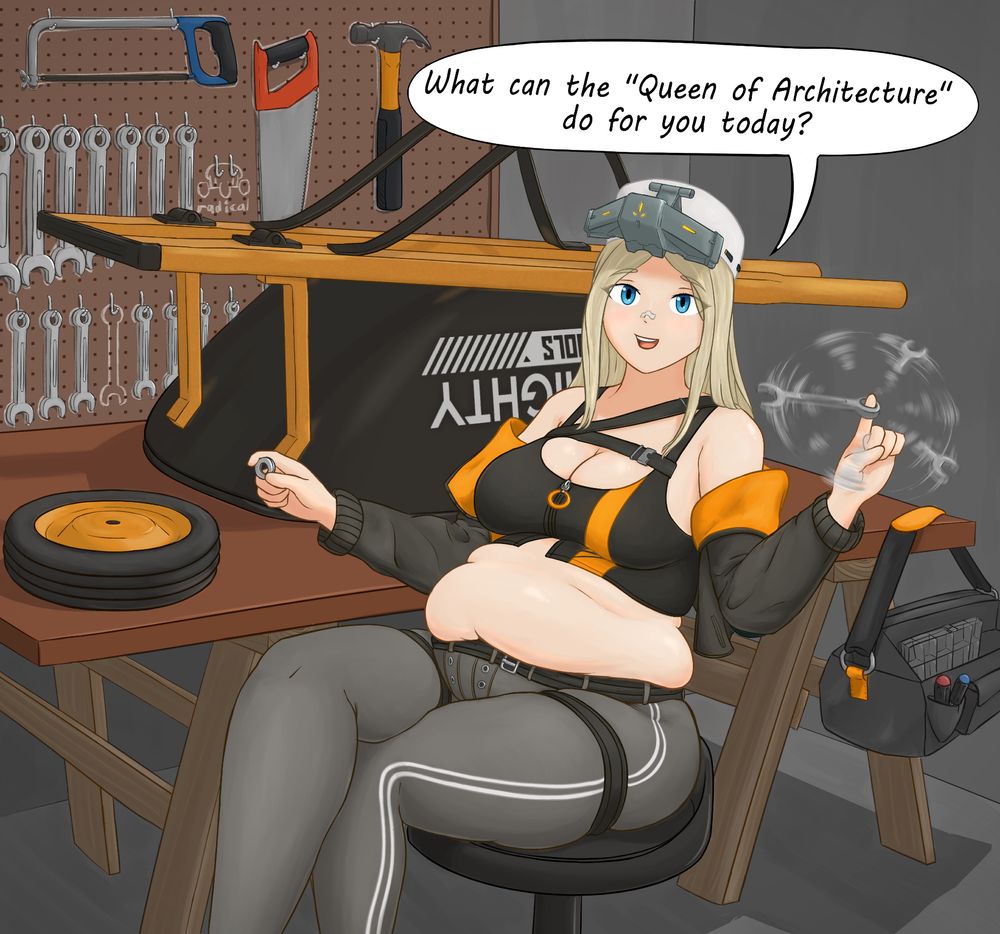 Centi from Nikke, sitting with her legs crossed at a workbench with a disassembled wheelbarrow. She's twirling a wrench on her finger, and in the other hand is holding a washer, asking the viewer, "What can the 'Queen of Architecture' do for you today?"