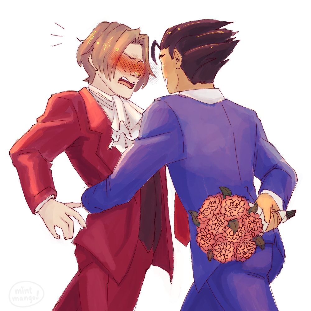 Fan art of Phoenix Wright and Miles Edgeworth of the Ace Attorney series. Phoenix is pulling Miles in by the waist, his other arm behind his back, holding a bouquet of flowers. Miles is blushing, embarrassed. 