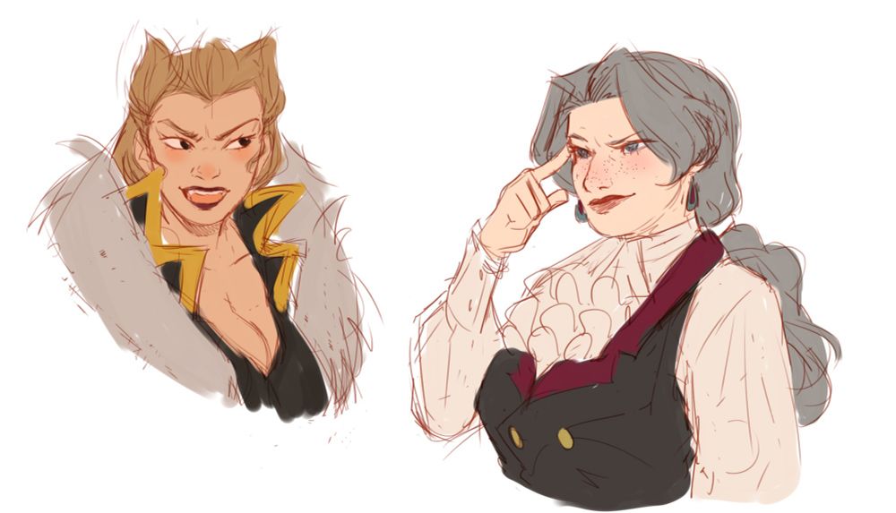 ID: fan art of gender bent Miles Edgeworth and Shi-Long Lang from Ace Attorney Investigations.