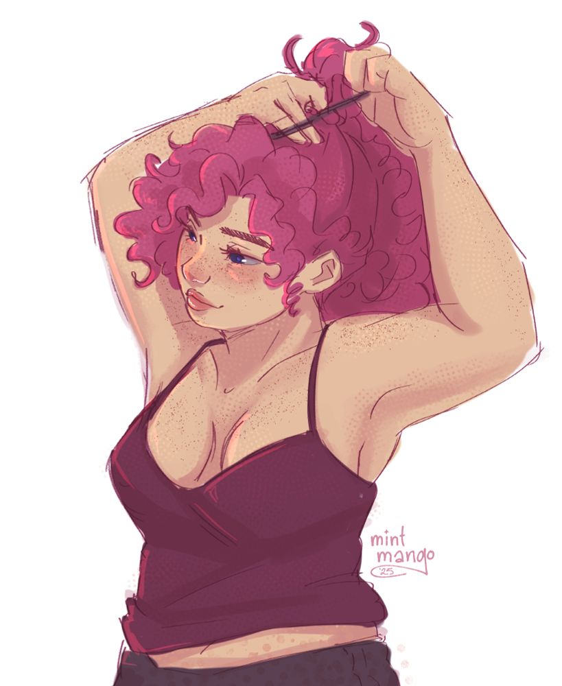 A fan-doodle of Betty from Date Everything!. She is tying her hair up into a ponytail, and dressed in very casual, if not slightly revealing, sleepwear.