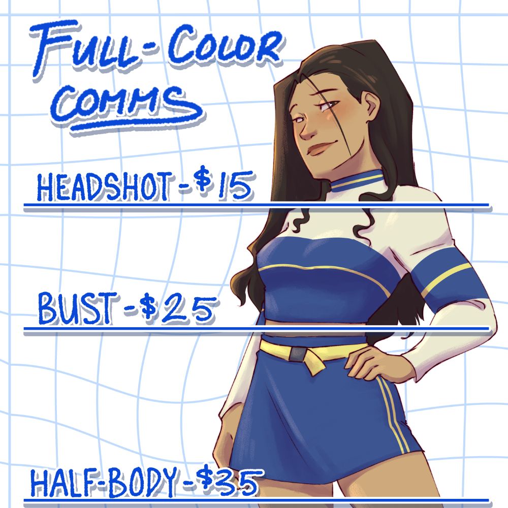 A listing for full-color illustration commissions, including the prices for headshots, busts, and half-body illustrations.