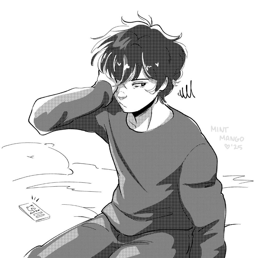 A black and white sketch of Tadashi from Sk8 the Infinity. He's wearing the gray pajamas he wears in the OVA, and he is sat up, rubbing the sleep from his eyes.