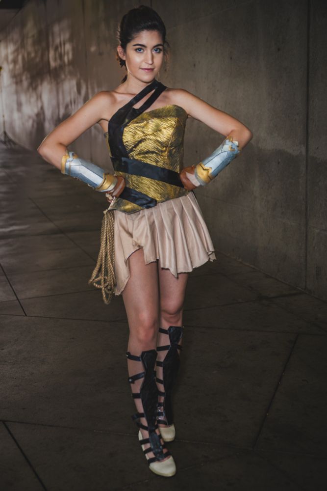 Cosplayer as Diana from the 2017 Wonder Woman film, in her Themyscira battle training outfit. Full body photo taken at Anime Expo 2017