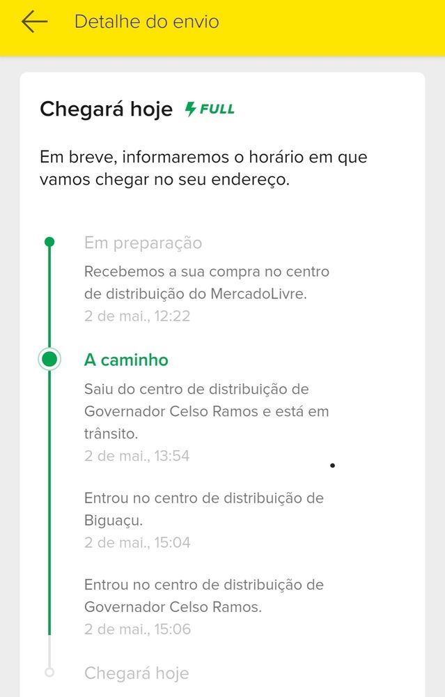 Detalhes de envio saindo de Celso Ramos e voltando para Celso Ramos