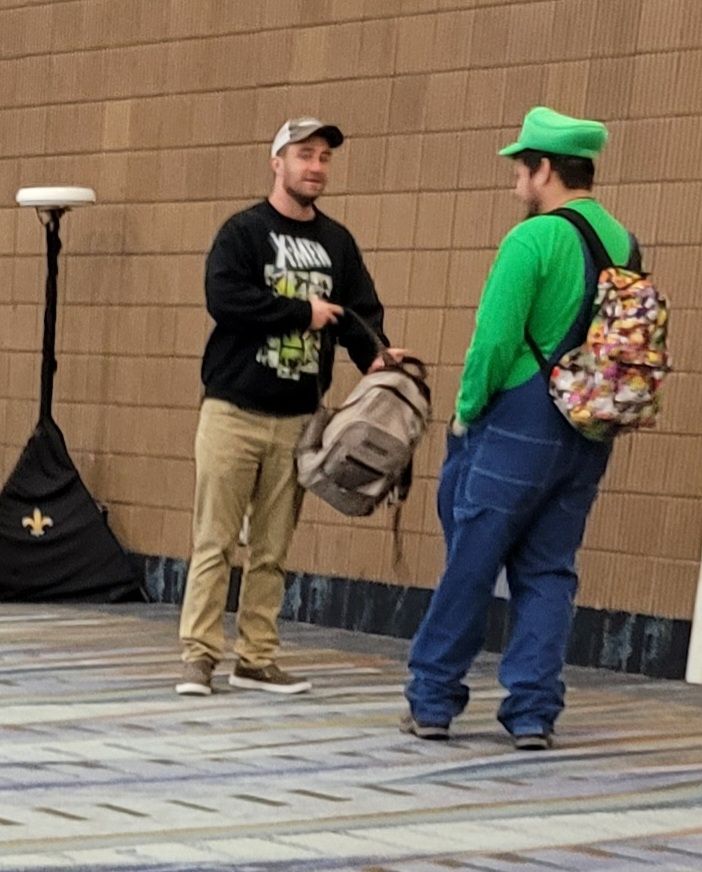 Luigi Mario, hanging out with an X-Men fan at the New Orleans Convention Center in January 2025.