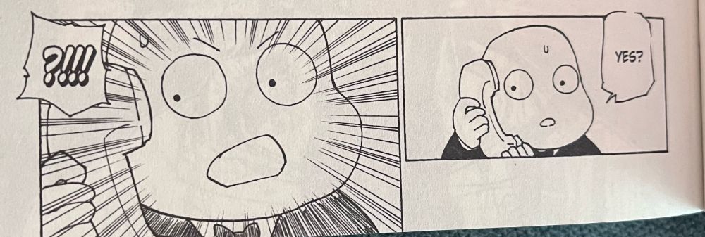 a photo of two panels from hunter x hunter. in the first, beans anxiously answers the phone saying "yes?". in the second he reacts with wordless shock to what he's heard. 
