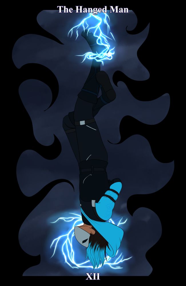 A The Hanged Man tarot card artwork with my character Sam in his work gear hanging upside down with lightning wrapped around his ankle and a halo of lightning behind his head. The background is a stormy sky and black flames surrounding Sam.