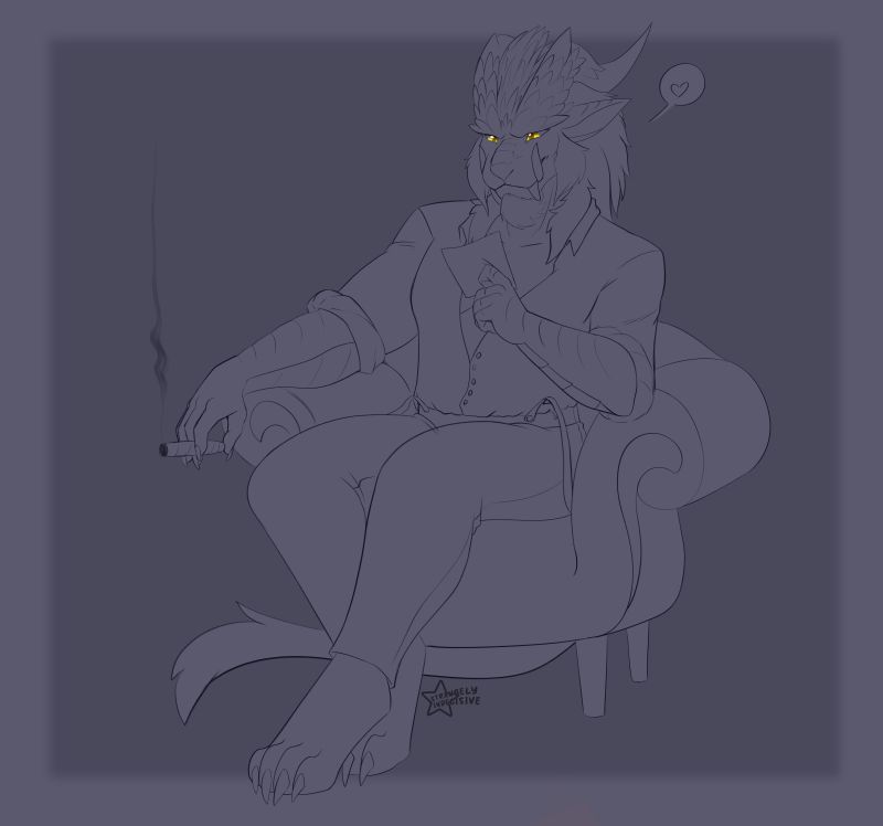 teostra sitting on a fancy chair smoking and looking at a photo of his family smiling to himself