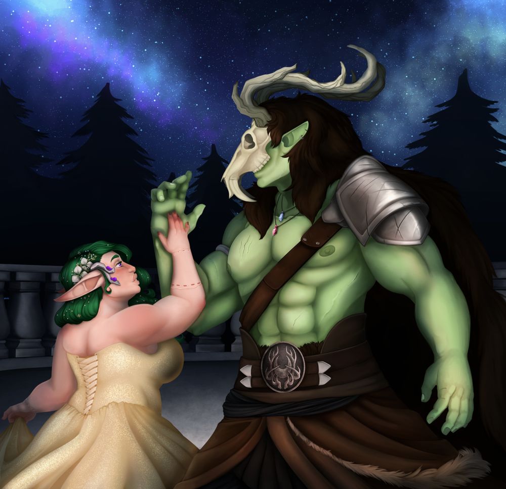 a short elf queen holding up her dress, her hand softly touching her dance partners massive hand. Her dance partner a barbarian king wearing a giant tusked deers skull to cover his face, his own antler like horns holding the skull to his face. 