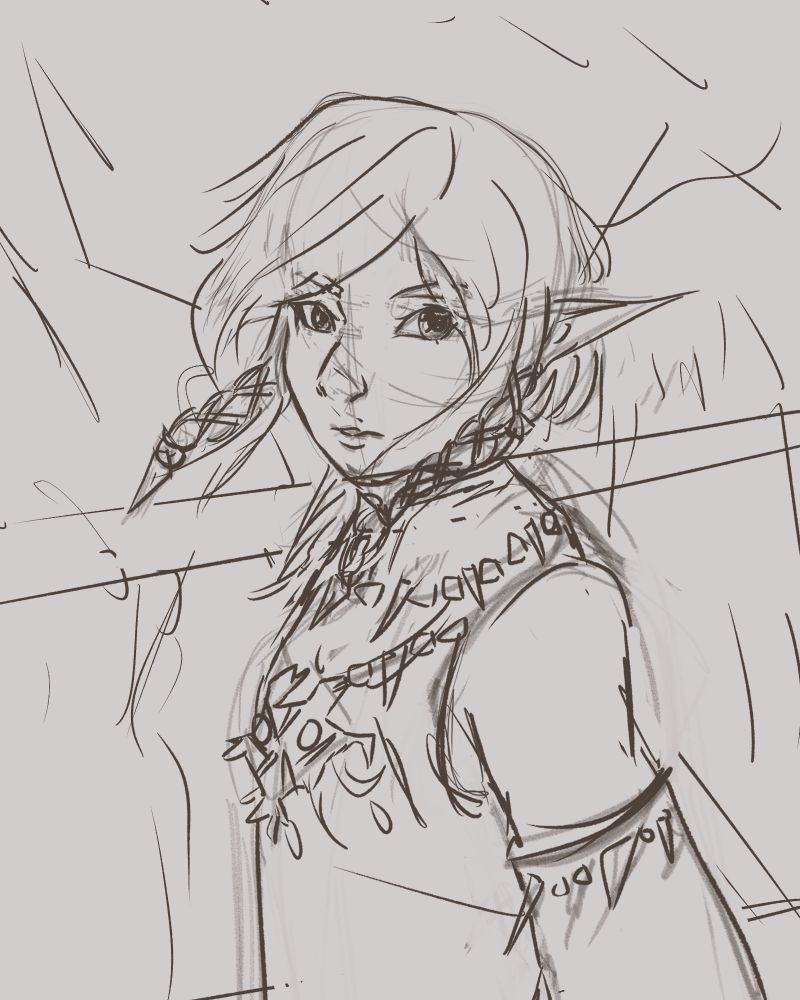 A sketch of a person with elf ears wearing an ornate outfit 