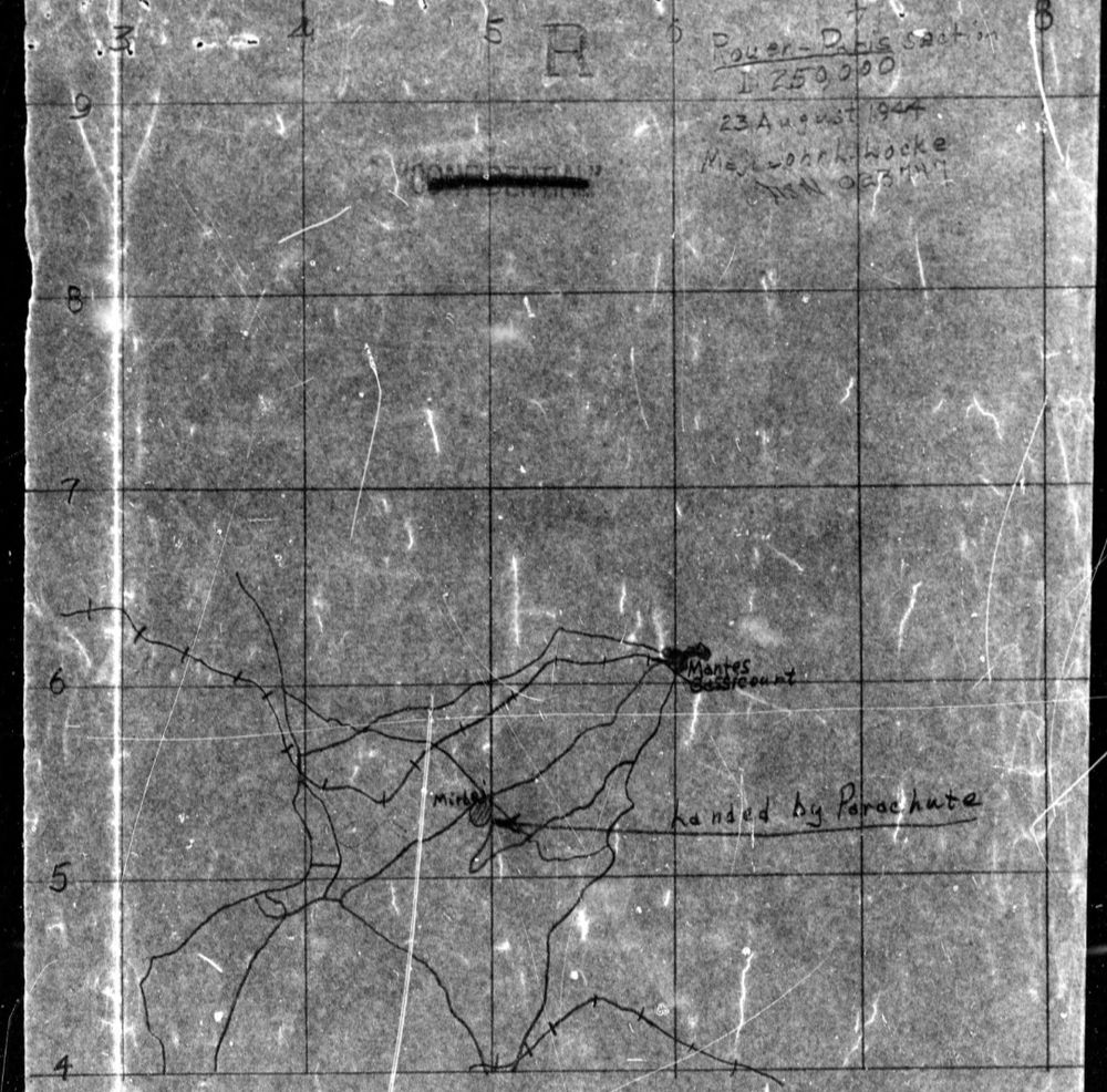 A hand drawn map of the site of the plane crash and where the pilot bailed out. 