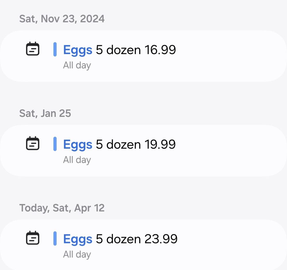 A screenshot of egg prices for the last 5 months. November 23, 2024 - $16.99 for 5 dozen January 25, 2025 - $19.99 for 5 dozen April 12, 2025 - $23.99 for 5 dozen