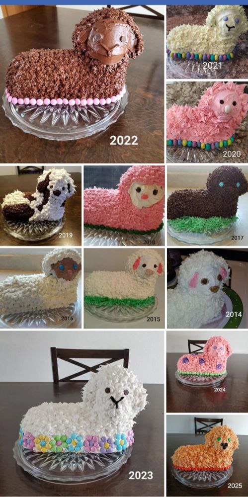 A collage of 12 lamb cakes baked each year from 2014 to 2025. Some are traditionally frosted white, some are frosted to look like puppies with mange. 
