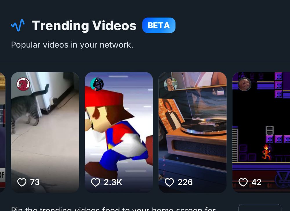 Screenshot of the trending videos tab on Bluesky. In the middle is a clip from the first Super Smash Bros game but it kind of looks like Mario is sitting on a toilet