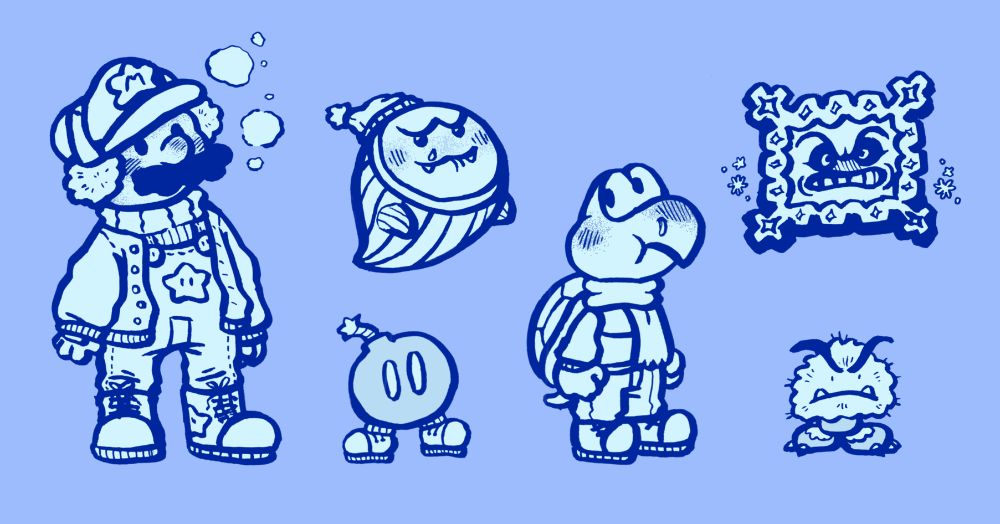 A small lineup of Super Mario Bros character dressed in winter clothes. From Left to right: Mario, Boo and Bob-omb, Koopa Troopa, Thwomp and Goomba. The line art is dark blue on a light blue background.