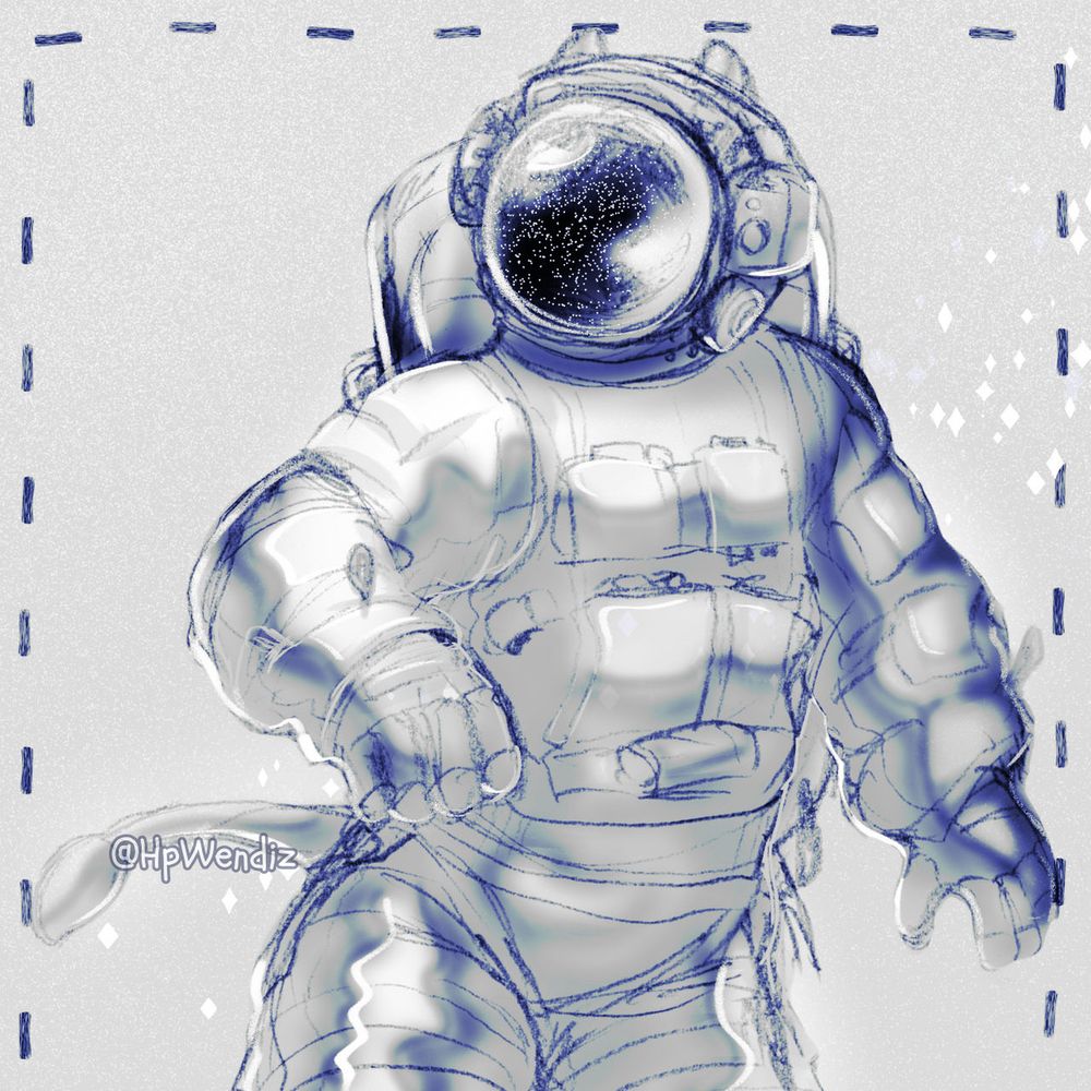 An anthro character with a visible bovine tail wearing a space suit. Pencil sketch on a grey background and blue shading. There is white glitter particle decor and a dotted line border.