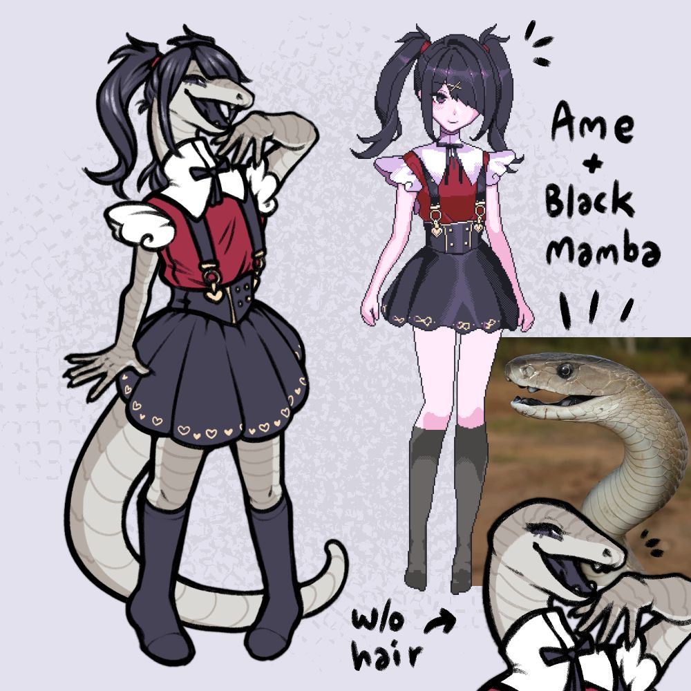The same anthro design plus a reference image of Ame and a photo of a black mamba. Plus a version of the design without the human hair.