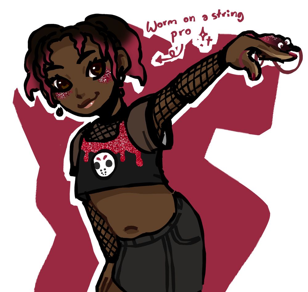 A human character dressed in a black fishnet top and tee with a black mini skirt. The shirt has red glitter details and a jason-inspired hockey mask print. They're holding up a worm on a string. There's a caption saying: "Worm on a string pro"