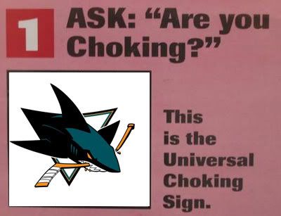 A meme depicting a set of instructions for applying the Heimlich Maneuver: the Universal Choking Sign has been replaced with a logo for the San Jose Sharks