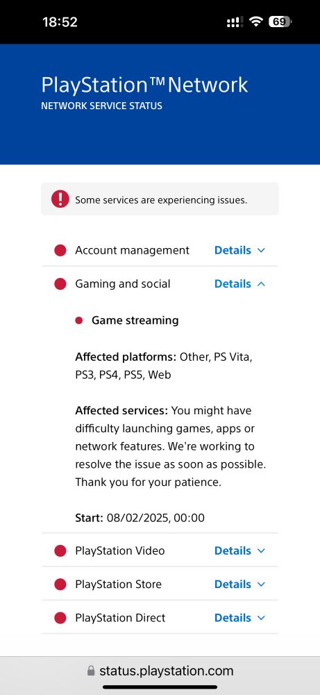 Screenshot of Sony PlayStation status page showing outages across all services, but with no information on context, cause or resolution outlook. 