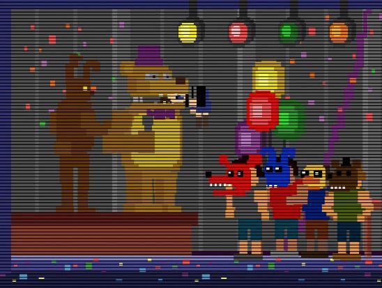 screencap from video game, a purposefully digitized scene (to look retro 80's) of a birthday party in Fazbear's with a pixelated kid getting chomped by a malfunctioning Freddy