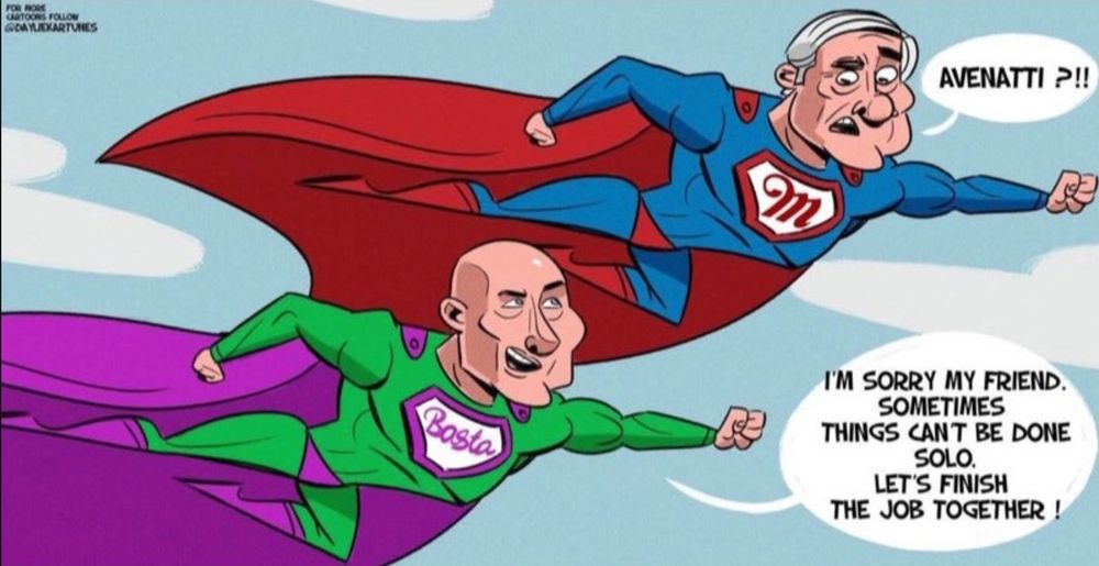 A comic depicting Robert Mueller (dressed as a superhero and flying) being surprised that Michael Avenatti (also dressed as a superhero and flying) joins him and says "I'm sorry my friend, sometimes things can't be done solo. Let's finish the job together!")
