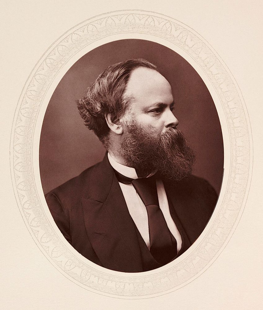 Photograph of a man sat facing to the side. He has a large bushy beard and hair pushed back from his face. He is wearing a suit and thickly knotted tie. The photograph is in an oval setting. 
