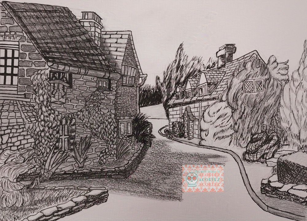 A observational sketch of a small, likely english village street with a lot of bushes and vines.