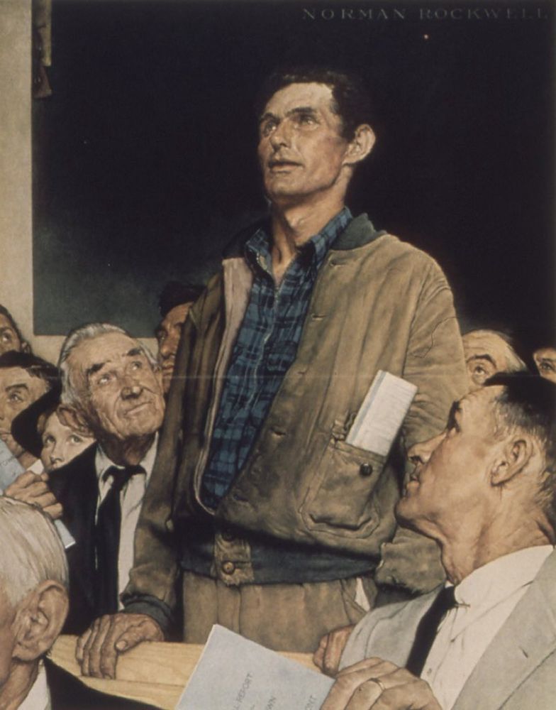 Norman Rockwell, Freedom of Speech, 1941–1943, oil on canvas, 45 3/4 x 35 1/2”, Norman Rockwell Museum.