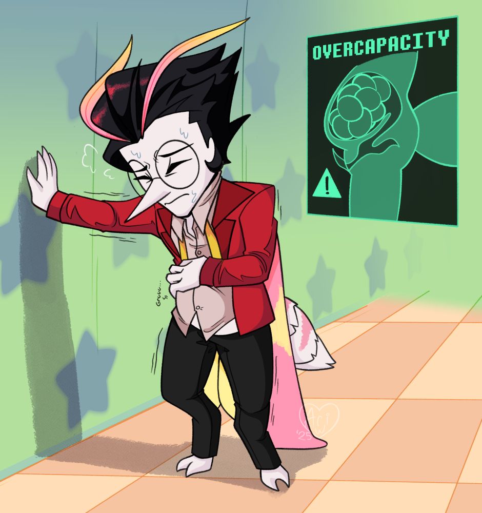 (Mpreg, eggpreg) A moth winged Spamton (Bugsy) with his suit unbuttoned to make room for his round, oversized pregnant belly. He is struggling to keep himself upright due to the weight of the eggs in his uterus, as shown by the x-ray pop up behind him, and he leans against the wall to catch his breath.