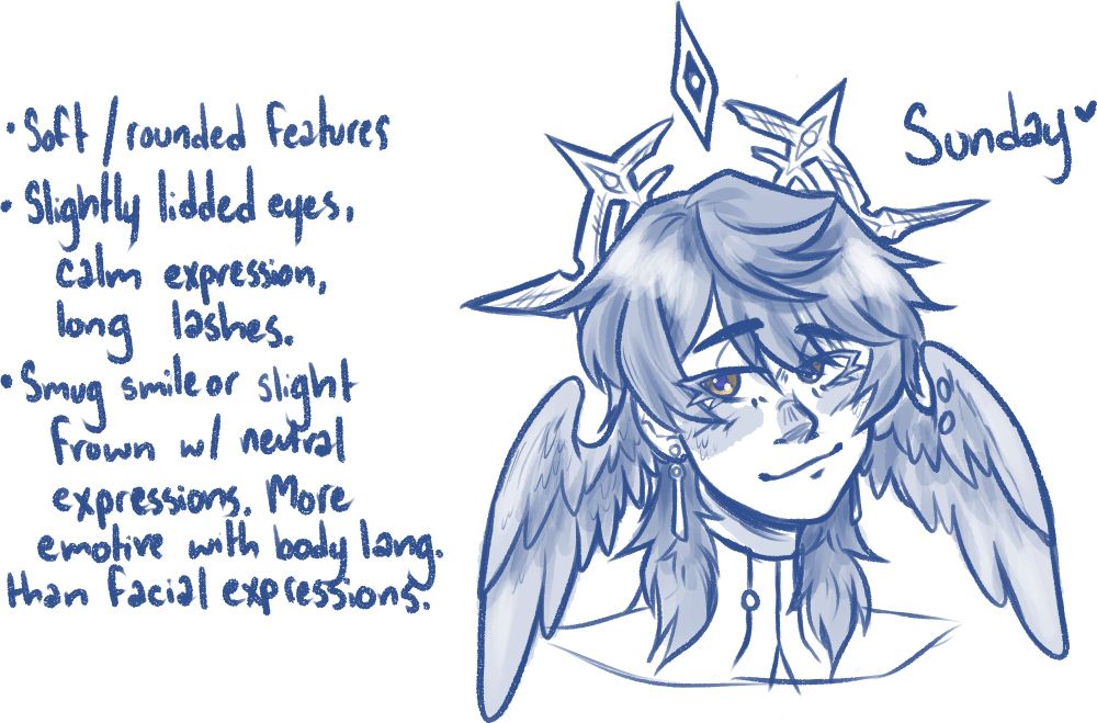 A headshot of Sunday from Honkai: Star Rail, with design notes written off to the side, reading ; 

- Soft / Rounded Features
- Slightly lidded eyes, calm expression, long lashes.
- Either a smug smile, or small frown with a neutral expression.
- More emotive with body language than with facial expressions.

Notes not included ;
- Very small amount of feathers on his face, from above his ear to about mid-cheek. Not very noticeable, but it is soft to the touch.