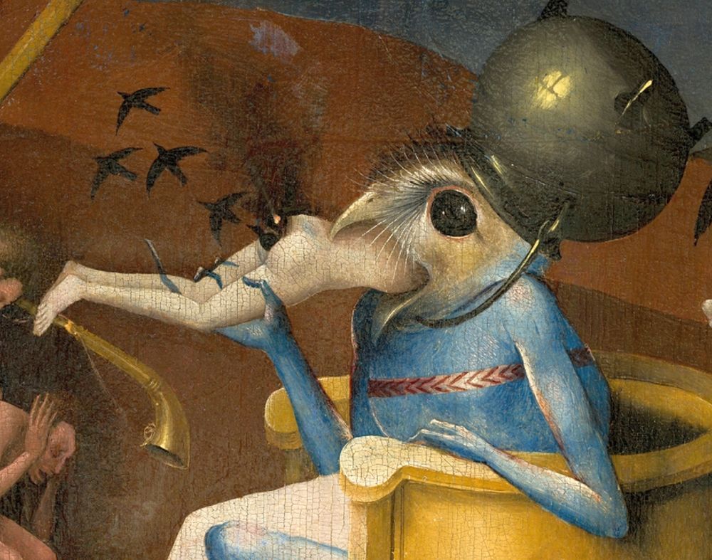 Detail from the Garden of Earthly Delights: Bird-headed monster or The Prince of Hell - close-up head eating human torso with black birds, smoke and fire shooting out of the torso's ass