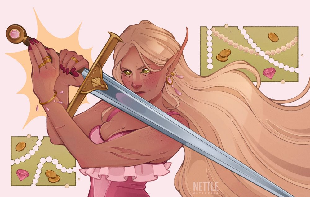Art of Adelphi, a femme elven woman wearing a pink outfit and holding a sword. The hilt of the sword has a golden glow surrounding it. There are two panels beside Adelphi that contain coins, pearls and pink crystals. 