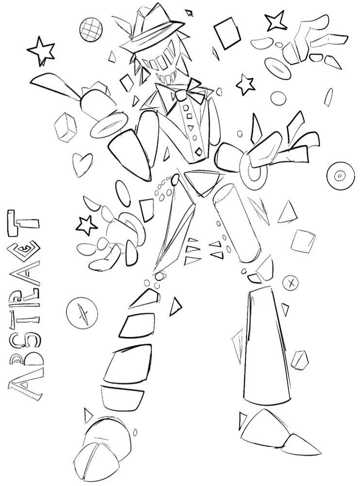 An abstract being made of objects and random shapes taking form of something humanoid.