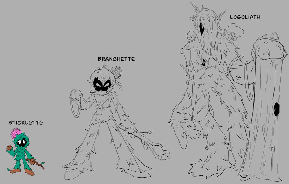 The first stage is a small swamp dwelling humanoid plant created known as a Sticklette, holding its primary weapon, a stick.
The second stage is a much taller, more aggressive version known as a Branchette, holding its primary weapon, a branch.
The last stage is a large, overgrown version known as a Logoliath, holding up its primary weapon, a hollowed out log.