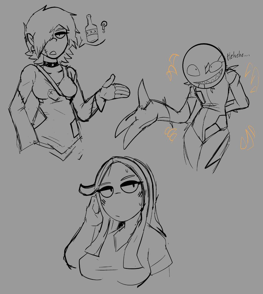 Top left is a rough doodles of my undead oc named Vague asking for alcohol, top right is of my possessed plushie oc Patch smiling deviously, last is of Carrie, just seeming bored and kinda tired I guess.