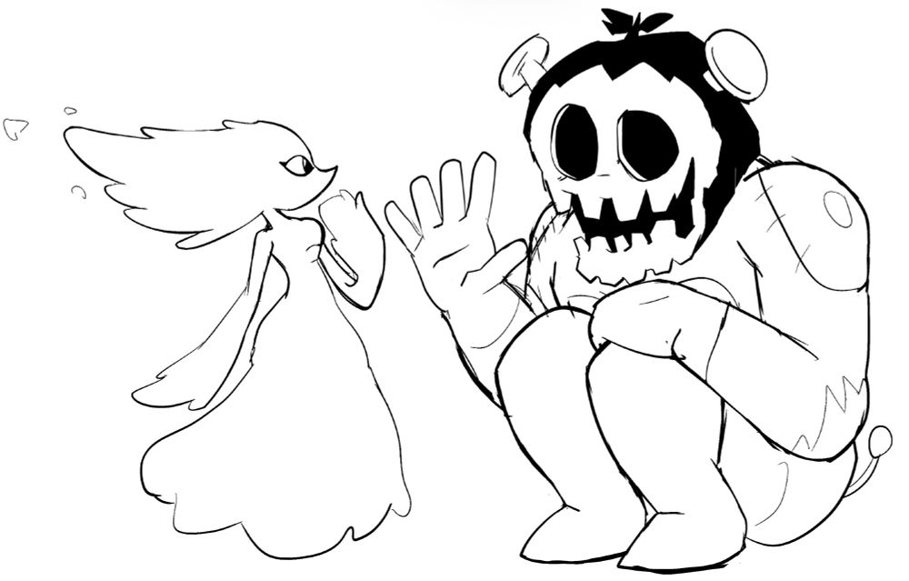 A doodle of Miss Mizzle and Jackenstein from chapter 4, with Mizzle seeming curious about Jackenstein who’s just waving at her.