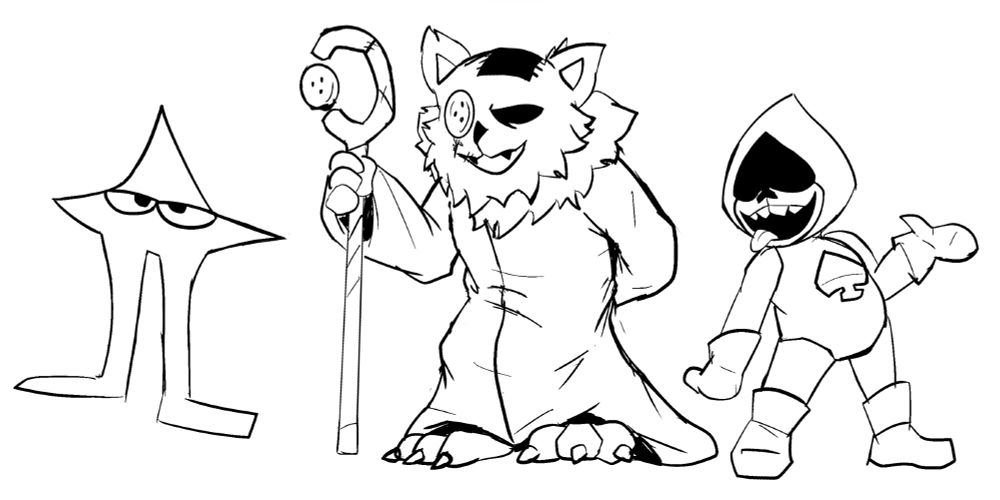 Just some simple doodles of three characters from the first chapter, that being The Original Starwalker (left), Seam (middle), and Lancer (right)
