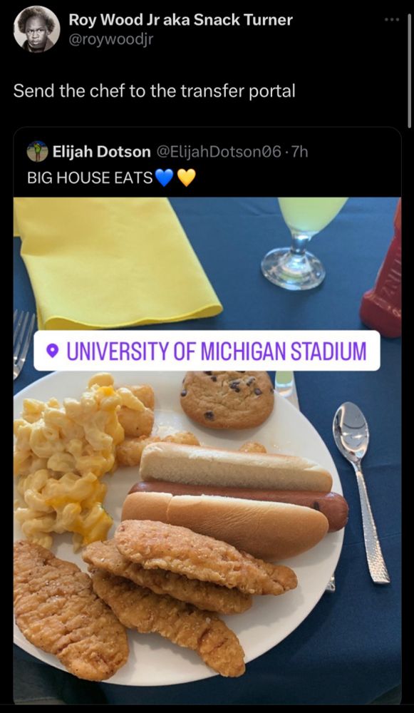 A sad ass boiled hot dog, generic chicken tenders and questionable Mac and cheese. Tagged University of Michigan. 