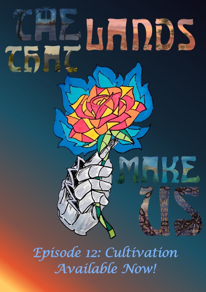 Chromatic Rose, illustrated by Michael Ellis. A gauntleted hand clutches the stem of a rose which appears to be crafted of stained glass alight with glowing blue flames.