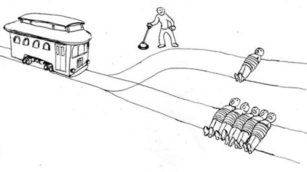 The standard trolley problem meme template