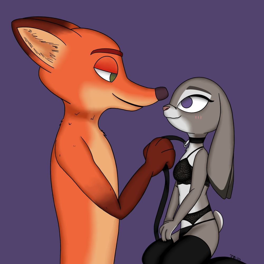 Judy Hopps and Nick Wilde from a side view, both are making eye contact. Nick is holding a leash attached to Judy's collar. She's wearing the same black lingerie and has a nervous but assuring expression.