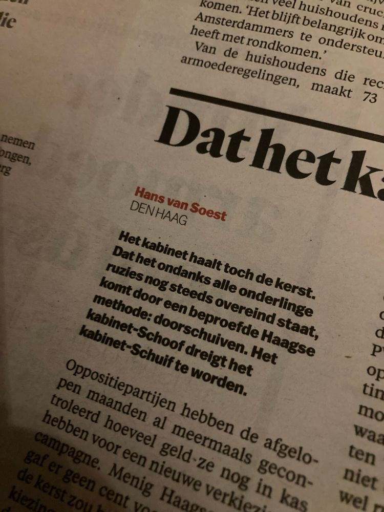 Krantenartikel over Haagse staat van het kabinet Schoof.