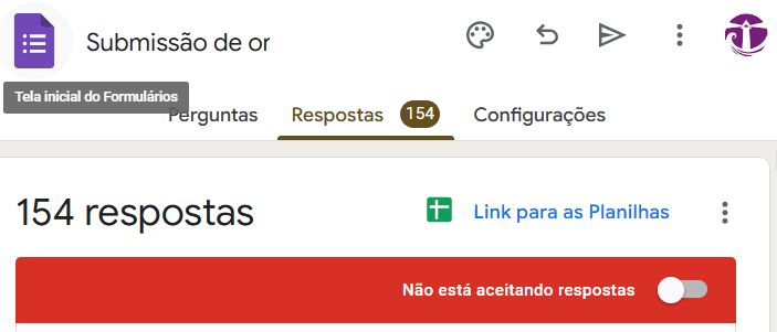 Captura de tela de formulário do Google para Submissão de originais da Escambanáutica, mostrando um total de 154 respostas recebidas.