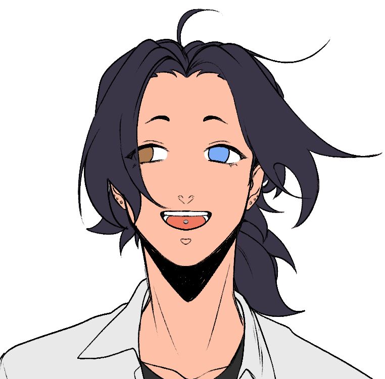 Slightly tanned young man with 3 piercings on each ear and one piercing on his tongue. He has dark blueish black hair and heterochromia eyes (left is light brown and right is blue)