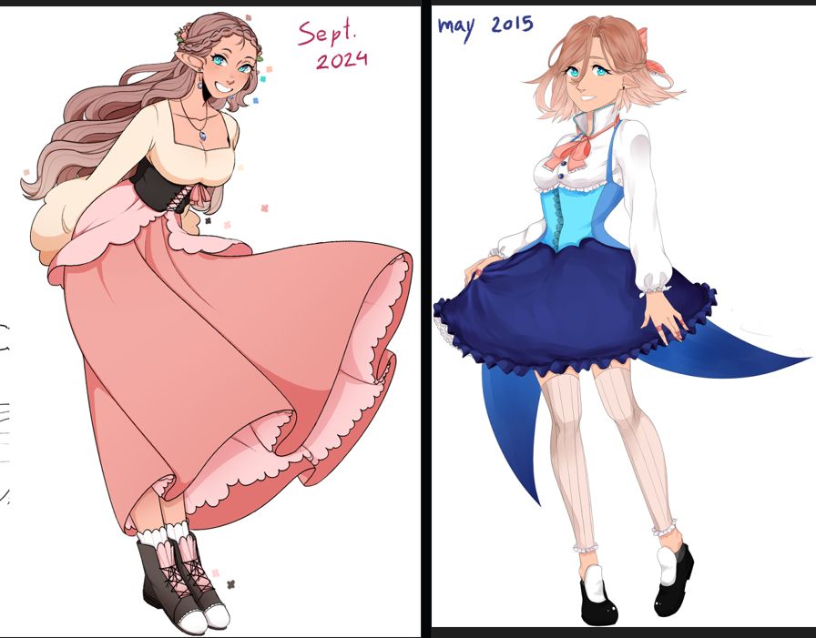 A comparison between the most recent and the oldest versions of my OC. The left version is the most recent from 2024 and she is wearing a pink long dress, has long brown hair and turquoise coloured eyes. 
The right version is the first version of the OC, she is wearing a short deep blue skirt and a long sleeved white button up shirt with a salmon pink ribbon around her neck. She has short hair in the first version.

The OC is a slightly tanned elf.